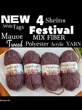 🆕NWT▪️FESTIVAL▪️4 Skeins MIX FIBER Mauve Tweed Polyester Acrylic Yarn
